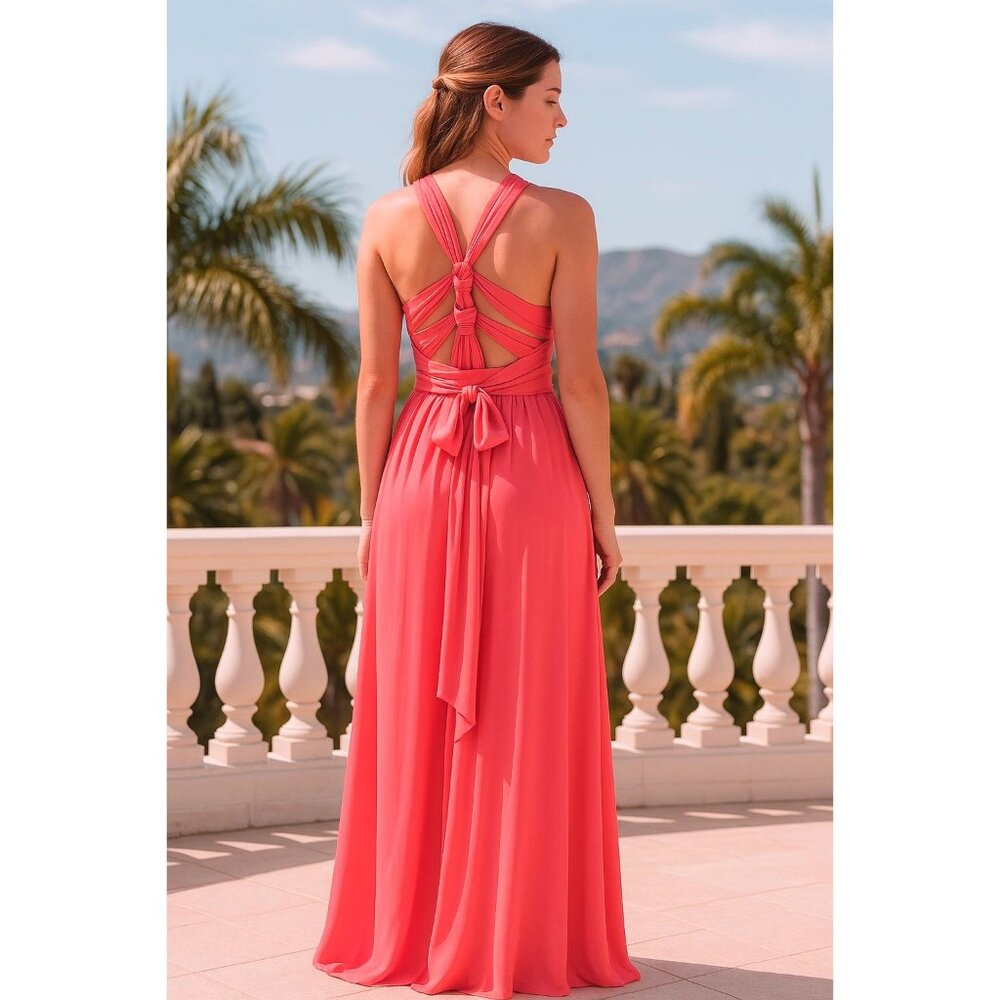 New Lg Halston Heritage Dress Sleeveless Knot Cross Back Flowing Drape Luxury
